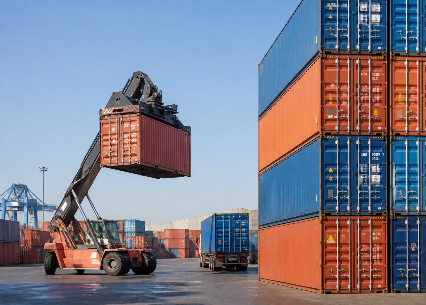 Reach stacker lifting a shipping container in a port yard